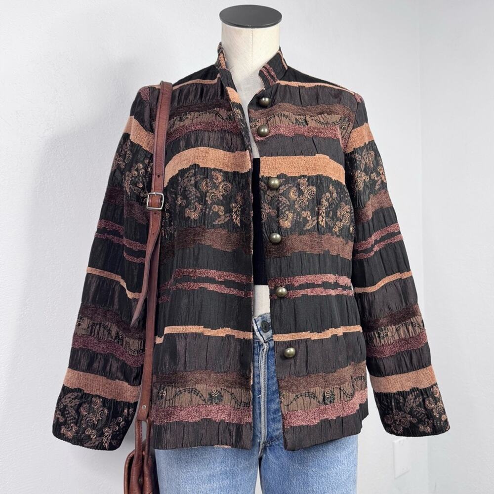 Vintage 90s Tapestry Jacket Embroidered Striped Boho Arty Fall Cottagecore Small